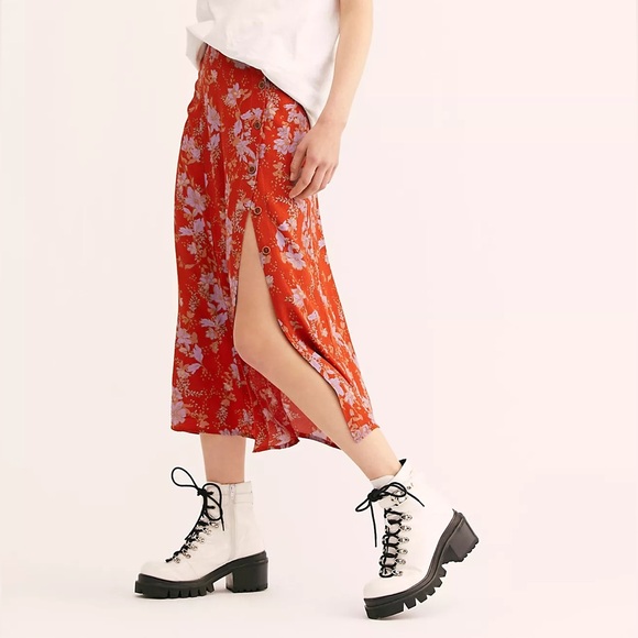 Free People Floral Split Midi Skirt Red – Size 0 - Picture 1 of 11